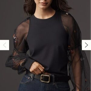 Anthropologie Black Top with Sheer Floral Sleeves